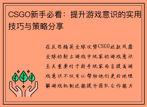 CSGO新手必看：提升游戏意识的实用技巧与策略分享